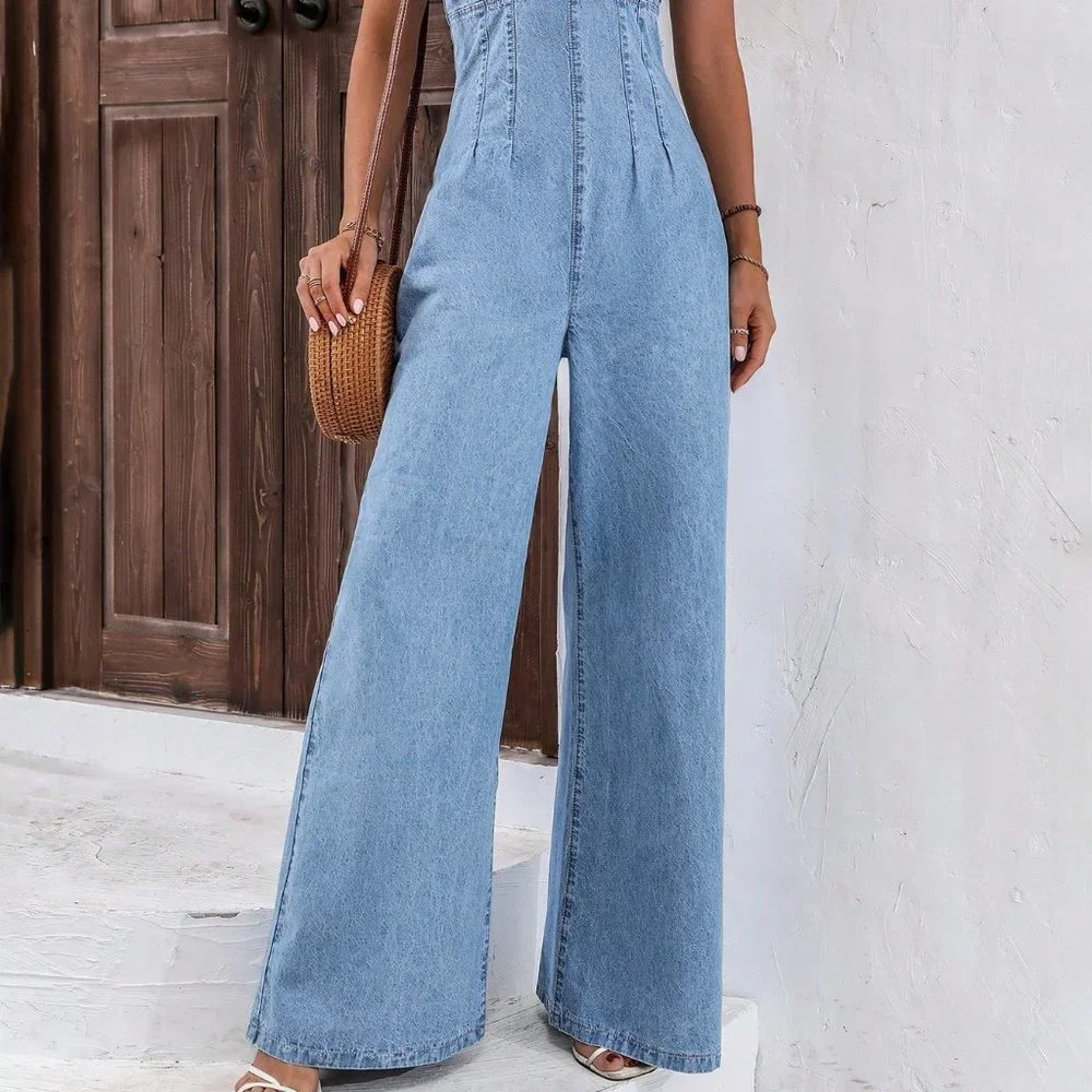 Light Wash Casual Womens Zip Back Wide Leg Denim Cami Jumpsuit - Picture 2 of 5